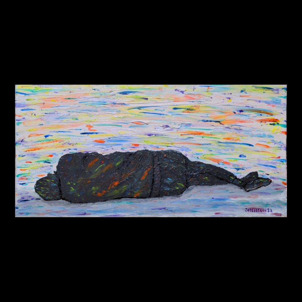 acrylic painting of a dark figure laying down in a fetal position while bright colors blur past