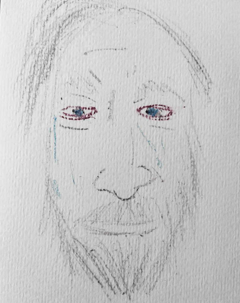 oil pastel sketch of me crying in gray with red eyes and blue tears